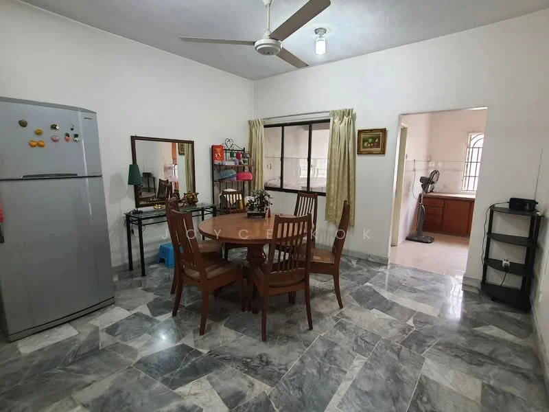 Dining features: round wooden dining table, 4 wooden dining chairs, stainless-steel fridge, mirror on wall, marble flooring, ceiling fan with light, window with sheer curtains, decorative wall art, open layout to kitchen, light-colored walls; style: contemporary. Kitchen features: wood cabinetry, window, kitchen counter, unknown appliances.