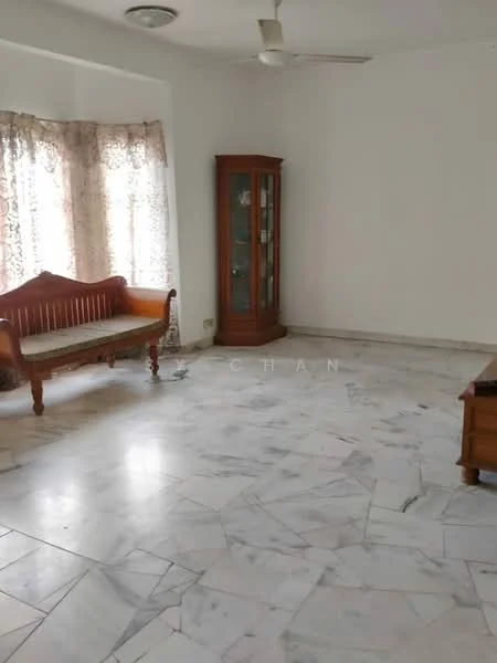 Living features: marble flooring, white painted walls, ceiling fan, large windows with sheer curtains, wooden bench, wooden display cabinet, natural light, open layout.