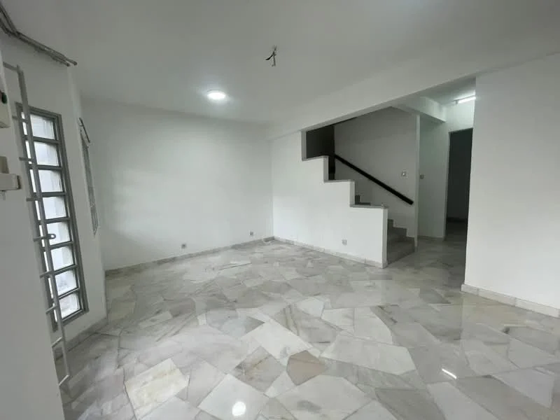 Room features: white painted walls, marble tile flooring, staircase with dark handrail, recessed downlights, large window with grid design, open layout, corner space, neutral color palette; style: modern.