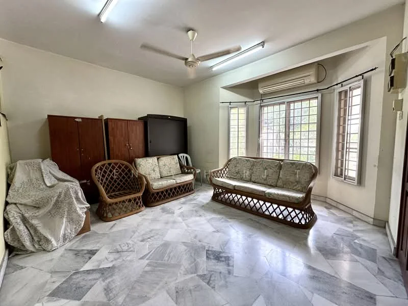Living features: marble flooring, white painted walls, ceiling fan, 2-seater sofa with floral upholstery, 3-seater sofa with floral upholstery, wooden cabinets, window with multiple panes, natural light from windows, curtains, corner window, air conditioning unit; style: traditional; view: garden.