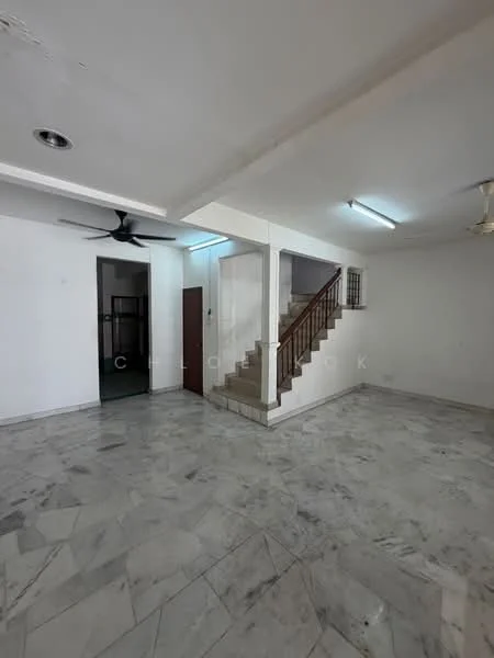Room features: marble flooring, white painted walls, ceiling fan, staircase with wooden railing, recessed ceiling lights, door leading to another room, open layout, natural light from windows; style: modern.