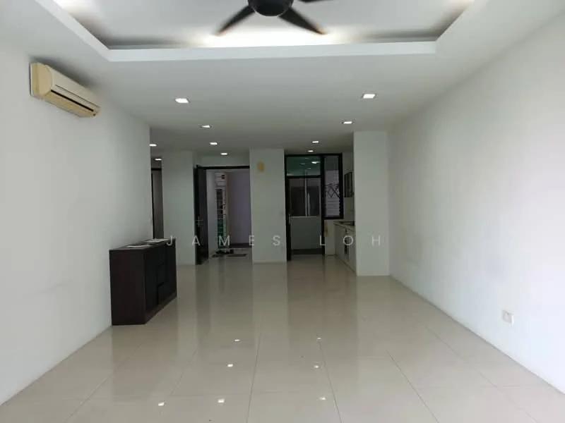 Living features: white painted walls, polished ceramic tile flooring, recessed downlights, 5-blade ceiling fan, wall-mounted split AC, open layout, large windows, neutral decor; style: modern. Room features: white painted walls, polished ceramic tile flooring, recessed downlights, open layout.