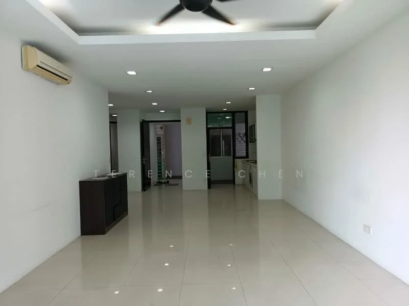 Living features: white painted walls, polished ceramic tile flooring, 5-blade ceiling fan with light, recessed downlights, air conditioning unit, open layout, large windows, neutral color palette; style: modern. Room features: white painted walls, polished ceramic tile flooring, large windows.