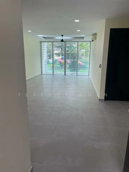 Living features: light grey tiled flooring, white painted walls, tray ceiling with recessed lighting, 5-blade ceiling fan, floor-to-ceiling sliding glass doors, view of garden, air conditioning unit, no visible furniture; style: modern; view: garden.