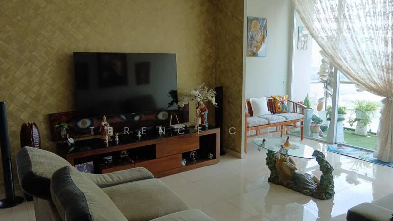 Living features: large flat-screen TV on wooden console, cream upholstered sofa, glass coffee table with decorative base, wooden armchair with colorful cushions, floor-to-ceiling windows with sheer curtains, decorative wall art, potted plants visible through the window, glossy tile flooring, golden textured accent wall, decorative figurines on console; style: modern; view: garden.