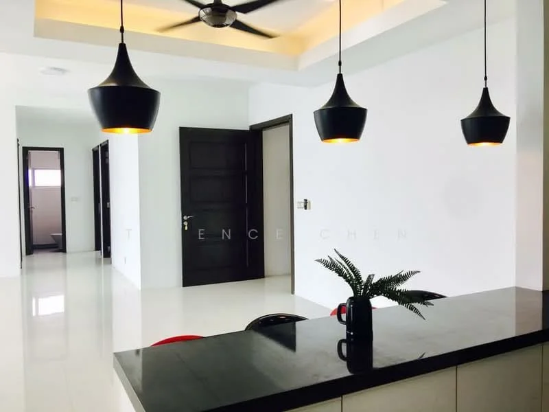 Room features: white painted walls, glossy tile flooring, tray ceiling with recessed lighting, 5-blade ceiling fan with light, black pendant lights, black countertop, red and black bar stools, open layout, doorway leading to another room; style: modern.