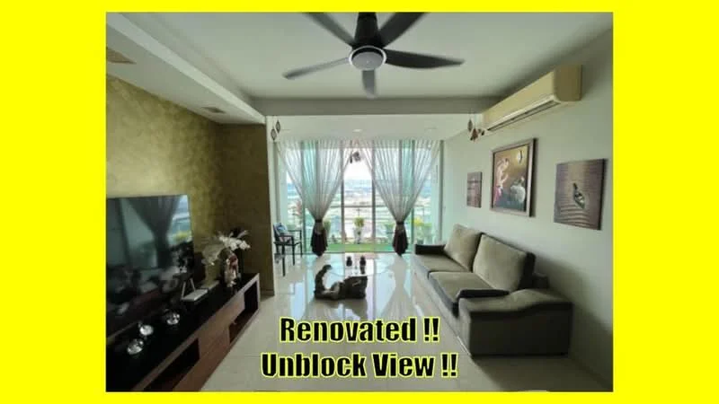 Living features: 5-blade ceiling fan, wall-mounted TV, light-coloured sofa, coffee table, polished tile flooring, large windows with sheer curtains, decorative wall art, air conditioning unit; style: modern; view: city.
