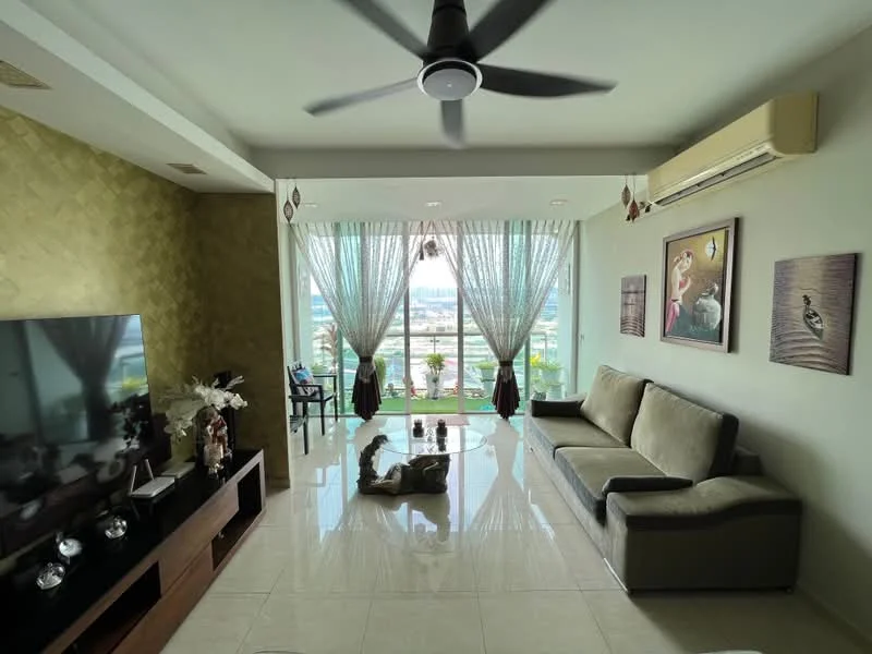 Living features: 3-seater fabric sofa in grey, 2-seater fabric sofa in beige, coffee table, wall-mounted TV, TV console, area rug, 5-blade ceiling fan with light, recessed downlights, floor-to-ceiling windows, sheer curtains, decorative wall art, marble tile flooring, air conditioning unit; style: modern; view: city.
