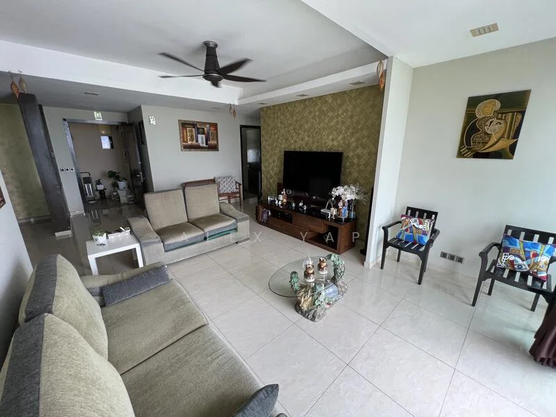 Living features: 3-seater fabric sofa in grey, 2-seater fabric sofa in beige, glass coffee table, wall-mounted TV, TV console, decorative items on shelves, ceiling fan, tile flooring, accent wall with geometric pattern, framed artwork, area rug; style: contemporary.