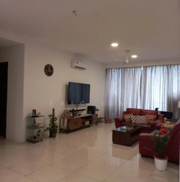 Living features: 3-seater leather sofa in red, 2-seater leather sofa in red, coffee table, wall-mounted TV, TV console, floor-to-ceiling windows with sheer curtains, white painted walls, recessed downlights, 1 wall-mounted split AC, decorative wall clock, area rug, houseplants in ceramic pots, wooden side table; style: modern.