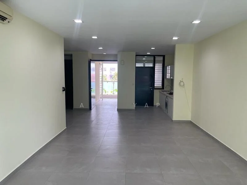 Room features: light grey tile flooring, white painted walls, recessed downlights, wall-mounted split AC, open layout, large windows, door leading to balcony, kitchen area visible; style: modern; view: garden.