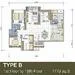 Floor plan: 3-bedroom 2-bathroom unit; features: open-plan kitchen-dining-living, master bedroom with ensuite bathroom, bedroom 2 with shared bathroom, utility room, balcony off living room, central foyer, 2 car porch, 1,174 sqft built-up.