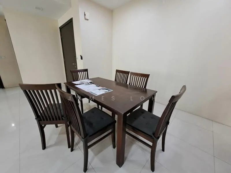 Dining features: wooden dining table, 6 dining chairs, white tiled flooring, cream painted walls, natural light from window, decorative papers on table; style: modern.