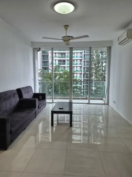 Living features: grey fabric sofa, coffee table, white painted walls, polished tile flooring, ceiling fan with light, floor-to-ceiling windows, sliding glass door, view of greenery, air conditioning unit; style: modern; view: garden.