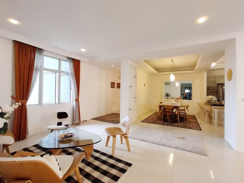 Living features: white painted walls, ceramic tile flooring, recessed downlights, floor-to-ceiling windows, sheer curtains, 3-seater fabric sofa in white, glass coffee table, area rug with geometric pattern, decorative wall art, 2 wooden chairs; style: modern. Dining features: wooden dining table, 4 upholstered dining chairs, pendant lamp, decorative centerpiece, open layout to living area; style: modern.