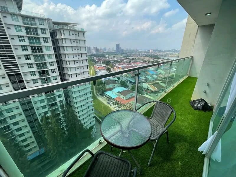 Balcony features: glass railing, artificial grass flooring, round glass table, two black wicker chairs, city skyline view; style: modern; view: city.