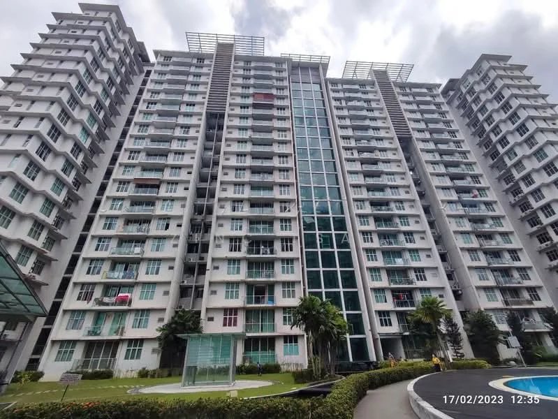 Exterior type: high-rise condominium; features: glass curtain wall, white painted facade, recessed balconies, multiple storeys, landscaped garden area, surrounded by greenery, parking area, elevated entrance, security features visible; style: modern.
