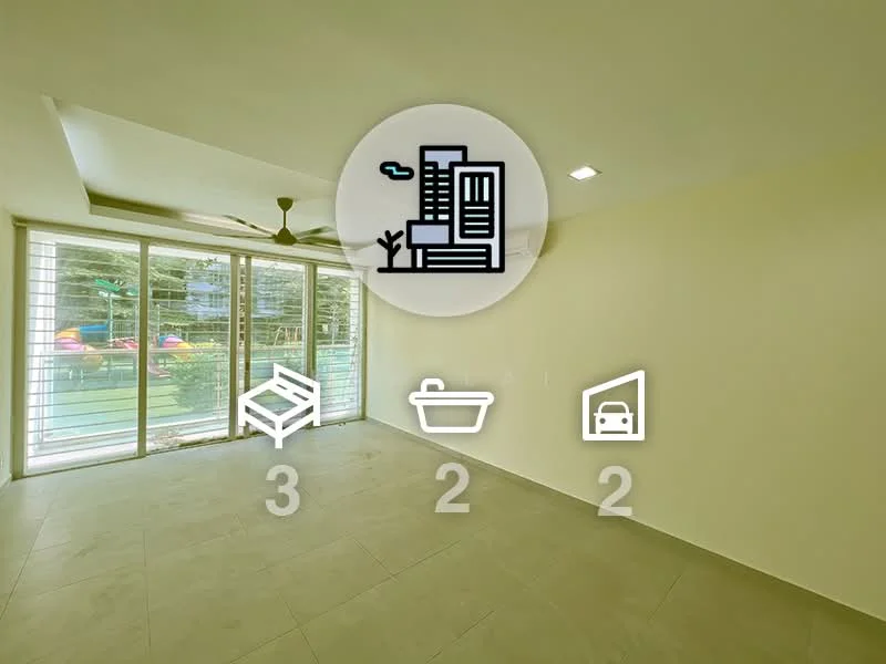 Room features: light beige painted walls, large floor-to-ceiling windows, sliding glass door, grey tile flooring, 5-blade ceiling fan with light, recessed downlights, open layout, view of outdoor space; style: modern; view: garden.