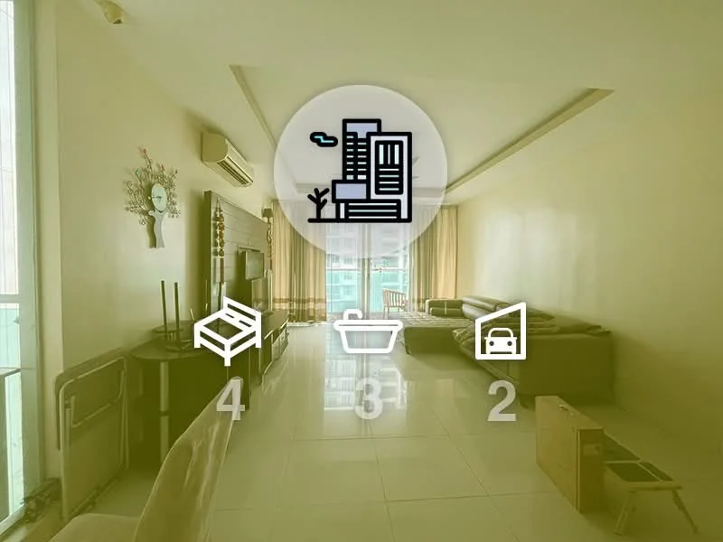 Living features: white painted walls, glossy tile flooring, recessed downlights, floor-to-ceiling windows, sliding glass door, sofa in grey, TV console, wall-mounted TV, coffee table, decorative wall clock, air conditioning unit; style: modern; view: city.