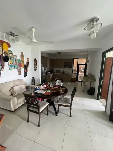 Living features: white painted walls, tile flooring, 5-blade ceiling fan with light, recessed downlights, round dining table, 4 dining chairs, 2-seater fabric sofa in cream, decorative wall art, open kitchen layout, kitchen cabinetry, kitchen countertop, sliding glass door leading to outdoor area; style: modern.