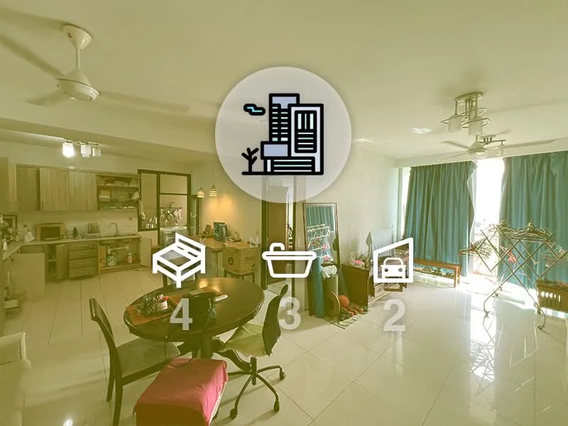 Living features: white painted walls, glossy tile flooring, 5-blade ceiling fan with light, large windows with blue curtains, round dining table, 4 dining chairs, sofa with cushions, TV console, decorative plants, open kitchen area, kitchen cabinets, countertop, refrigerator, microwave, laundry rack; style: modern.