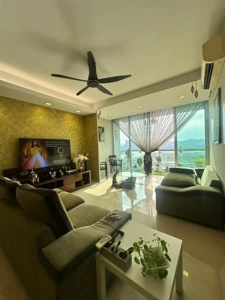Living features: 3-seater fabric sofa in grey, 2-seater leather sofa, coffee table, wall-mounted TV, TV console, area rug, 5-blade ceiling fan with light, floor-to-ceiling windows, sheer curtains, marble tile flooring, decorative wall with gold accents, potted houseplant; style: modern; view: city.