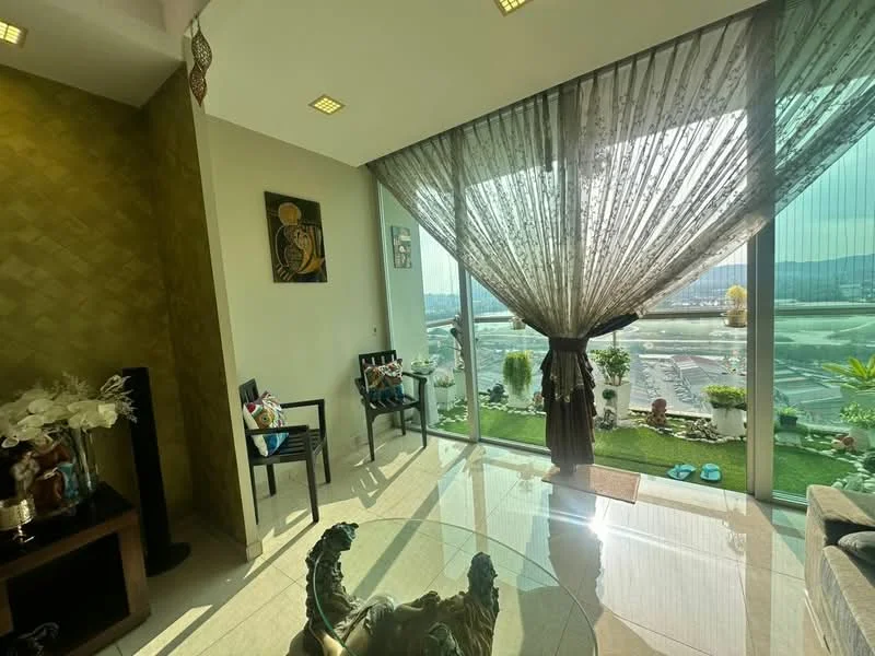 Living features: floor-to-ceiling windows, sheer curtains, greenery view, cream tiled flooring, decorative wall art, glass coffee table, black chairs, decorative plants, wall-mounted lighting, textured feature wall; style: modern; view: garden.