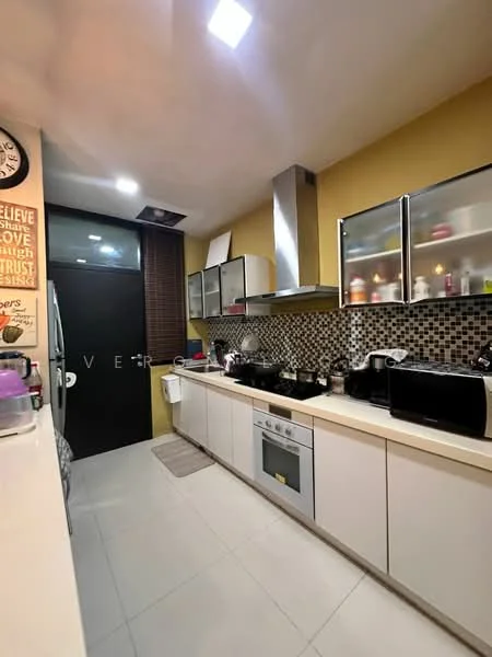 Kitchen features: white cabinetry, grey countertop, stainless-steel built-in oven, 4-burner gas hob, stainless-steel range hood, black microwave, black refrigerator, mosaic tile backsplash, single-bowl stainless-steel sink, chrome pull-down faucet, under-cabinet lighting, tile flooring, window with blinds; style: modern.