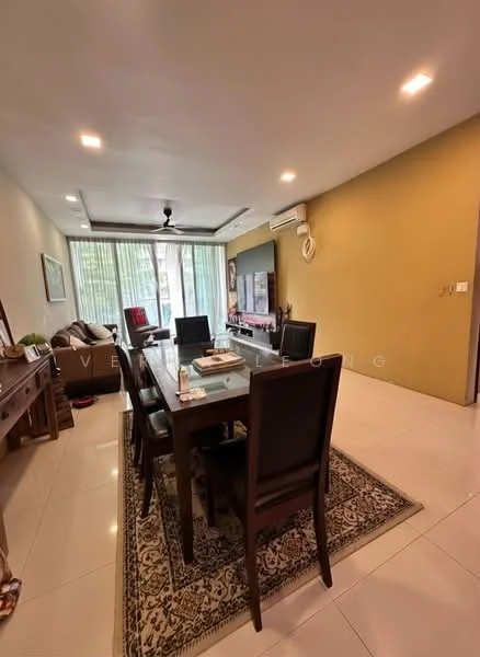 Dining features: dining table with 6 chairs, area rug with geometric pattern, wall-mounted TV, floor-to-ceiling windows, sliding glass door, cream painted walls, grey accent wall, recessed downlights, ceiling fan, air conditioning unit; style: modern; view: garden. Living features: 3-seater fabric sofa, coffee table, TV console, decorative wall art; style: modern; view: garden.