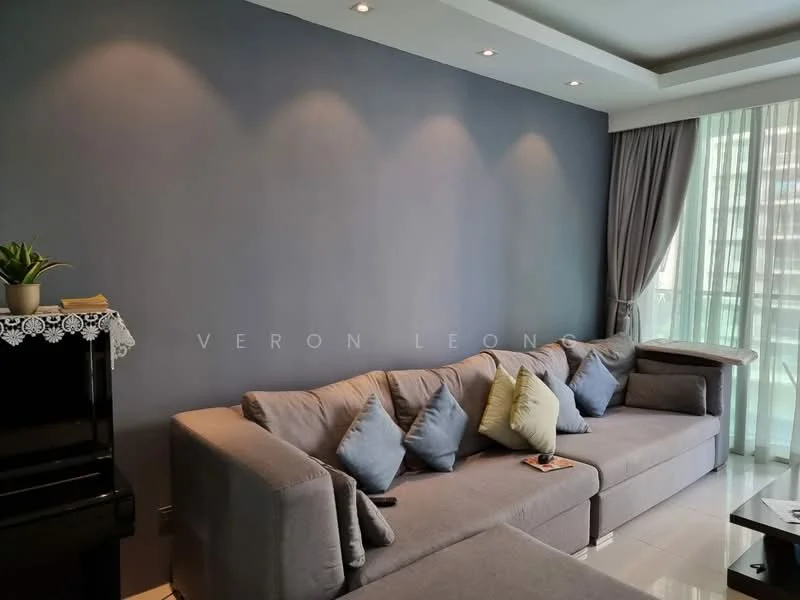 Living features: L-shape sectional sofa in grey, decorative cushions in various shades, glass sliding door, floor-to-ceiling windows, sheer curtains, recessed downlights, grey accent wall, polished tile flooring, potted plant on side table, decorative lace tablecloth, coffee table, wall-mounted decor; style: modern; view: city.