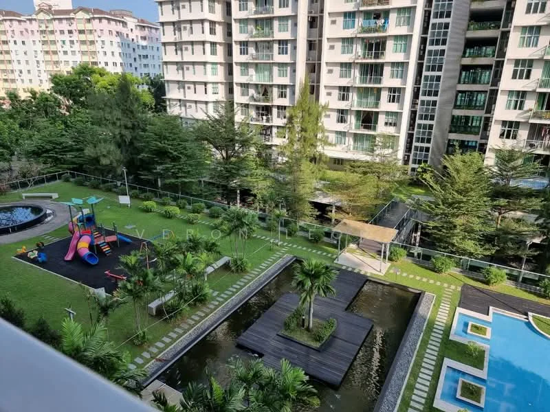 Exterior type: high-rise condominium; features: landscape garden, children's playground, swimming pool, manicured lawn, water features, paved pathways, mature trees, pool deck with loungers; style: modern.