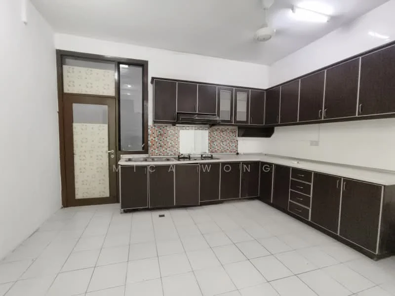 Kitchen features: brown cabinetry, white countertop, gas stove, exhaust hood, mosaic tile backsplash, double-bowl stainless-steel sink, wall-mounted cabinets, floor tiles, ceiling fan, window with sheer curtains, light fixtures, open layout; style: modern.