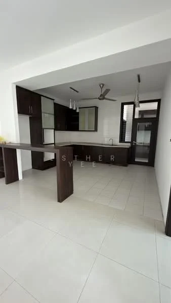 Kitchen features: brown wooden cabinetry, white countertop, single-bowl stainless-steel sink, chrome pull-down faucet, built-in oven, freestanding range oven, 3-blade ceiling fan, tile flooring, glass panel cabinet doors, open shelving, recessed downlights, window with view to outside; style: modern.