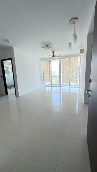 Living features: white painted walls, glossy porcelain tile flooring, 5-blade ceiling fan with light, recessed downlights, floor-to-ceiling windows, sheer curtains, air conditioning unit, open layout; style: modern; view: city.