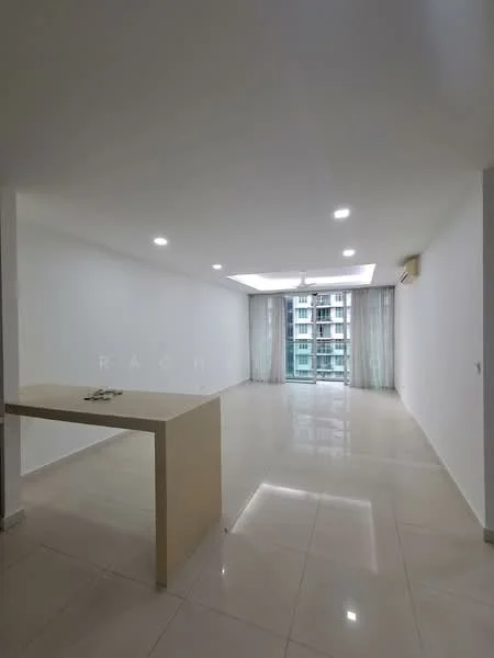 Living features: white painted walls, glossy tile flooring, recessed downlights, floor-to-ceiling windows, sheer curtains, air conditioning unit, open layout, neutral color scheme, dining table, sliding glass door; style: modern.
