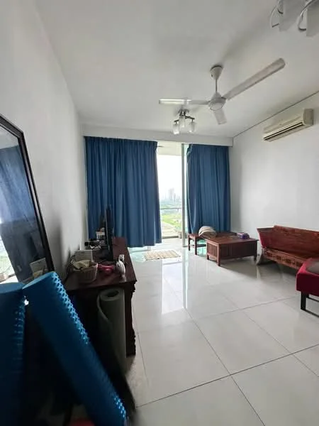 Living features: white painted walls, glossy tile flooring, 5-blade ceiling fan, wall-mounted air conditioning unit, floor-to-ceiling windows, blue curtains, wooden coffee table, wooden bench, television, decorative mirror, area rug; style: modern; view: city.