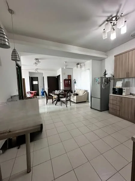 Kitchen features: white painted walls, tile flooring, recessed downlights, 5-blade ceiling fan, stainless-steel fridge, built-in microwave, wood cabinetry, countertop with breakfast bar, open layout to dining area, dining table with chairs, sofa in living area, window with natural light; style: modern.