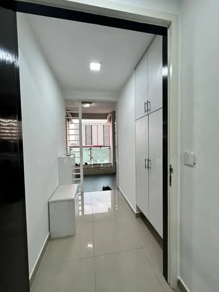 Room features: white painted walls, glossy ceramic tile flooring, recessed LED downlights, built-in cabinets with white finish, window with grid pattern, door with black frame, white bench seating, natural light from window; style: modern.