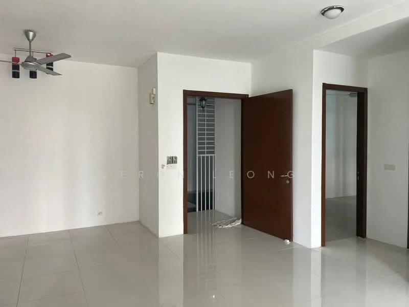 Room features: white painted walls, glossy tile flooring, recessed downlights, ceiling fan, open doorway, closed doorway, neutral color scheme; style: modern.