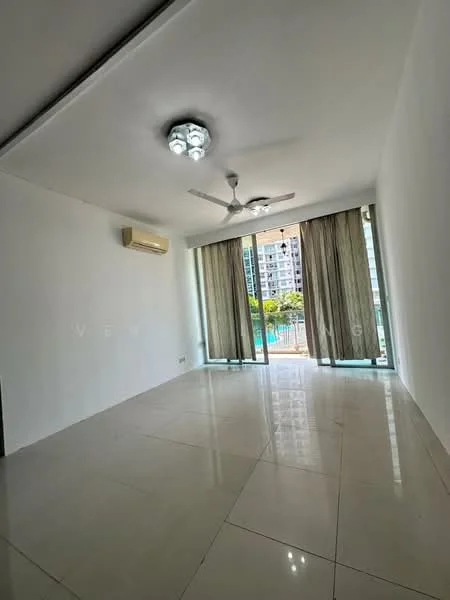 Living features: white painted walls, polished ceramic tile flooring, 5-blade ceiling fan with light, floor-to-ceiling windows, sliding glass door, sheer curtains, air conditioning unit, natural light from windows; style: modern; view: pool.