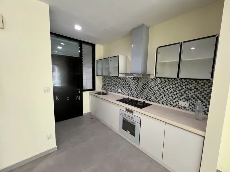Kitchen features: white cabinetry with flat-panel doors, grey countertop, black and white mosaic tile backsplash, stainless-steel gas hob, built-in oven, single-bowl stainless-steel sink, chrome pull-down faucet, recessed downlights, grey tile flooring, black door, window with black frame; style: modern.