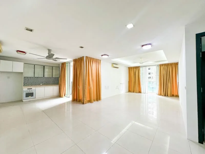 Living features: white painted walls, glossy tile flooring, 5-blade ceiling fan with light, recessed downlights, floor-to-ceiling windows, sheer curtains, orange drapes, open layout, kitchenette with cabinetry, microwave, backsplash with geometric pattern; style: modern.