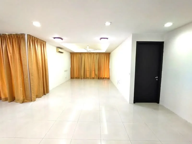 Living features: white painted walls, glossy ceramic tile flooring, recessed LED downlights, 5-blade ceiling fan, floor-to-ceiling windows with sheer curtains, orange drapes, black door, air conditioning unit; style: modern.