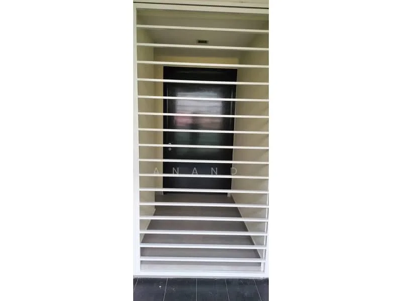 Exterior features: main entrance door, security grille, grey tiled flooring, white walls, overhead light fixture; style: modern.