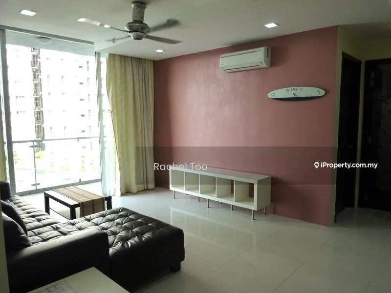 Living features: 3-seater leather sofa in dark brown, coffee table, TV console, wall-mounted TV, white painted walls, accent wall in pink, recessed downlights, floor-to-ceiling windows, sheer curtains, white tiled flooring, 1 wall-mounted split AC, ceiling fan; style: modern; view: garden.