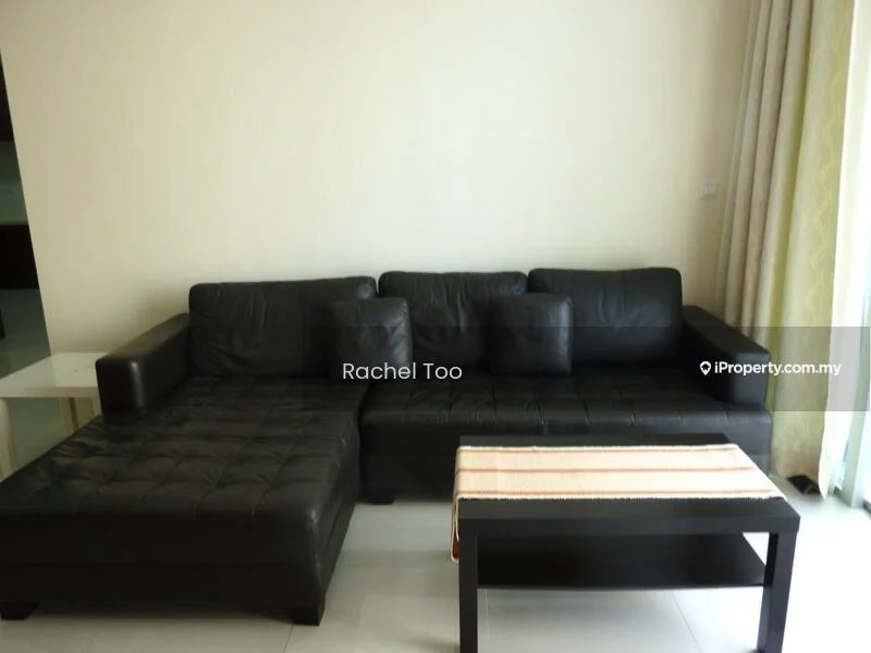 Living features: black leather sectional sofa, glass side table, white painted walls, light-colored curtains, tile flooring, coffee table, neutral color palette; style: modern.