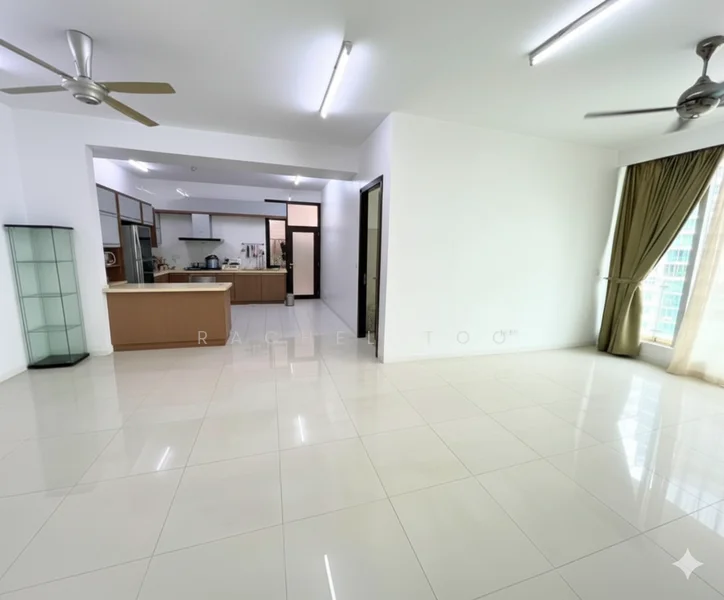 Living features: white painted walls, glossy ceramic tile flooring, 5-blade ceiling fan, 2-blade ceiling fan, large windows with sheer curtains, open layout, neutral color scheme, natural light, dining area visible in background, kitchen area visible in background; style: modern; view: city.