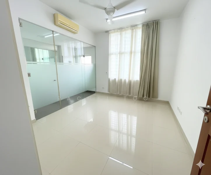 Room features: glossy ceramic tile flooring, white painted walls, large window with sheer curtains, ceiling fan, wall-mounted split AC, glass partition, natural light from window, neutral color scheme; style: modern.