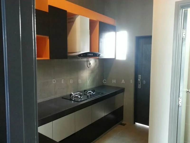 Kitchen features: black and white cabinetry, orange accent shelves, black countertop, stainless-steel range hood, 2-burner gas hob, grey tile backsplash, grey wall, floor tile flooring, door leading outside; style: modern.
