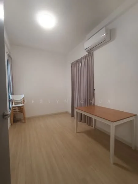 Room features: light wood flooring, white painted walls, 1 wall-mounted split AC, ceiling light, curtains, table with wooden top, chair, window with view, neutral decor; style: minimalist.